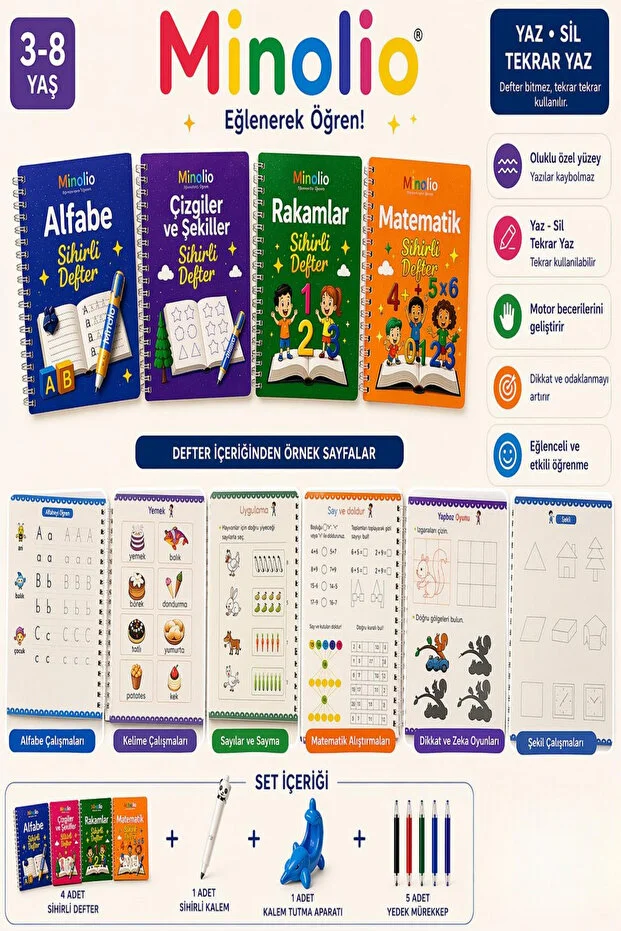 Sihirli Defter Magic Learn Oluklu Sihirli Yazı Seti – 4 Kitap + Sihirli Kalem Hediyeli
